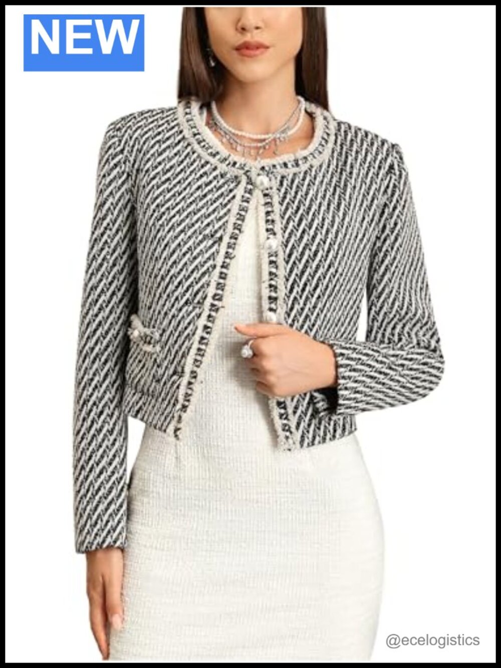 Tweed Blazer Jacket for Women Cropped Long Sleeve Collarless Pockets
